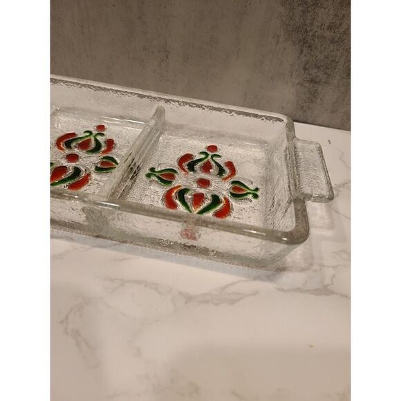 Alle Schönheit Walther Glass Serving Tray Clear Red/Green Floral WGermany Retro - Picture 4 of 8